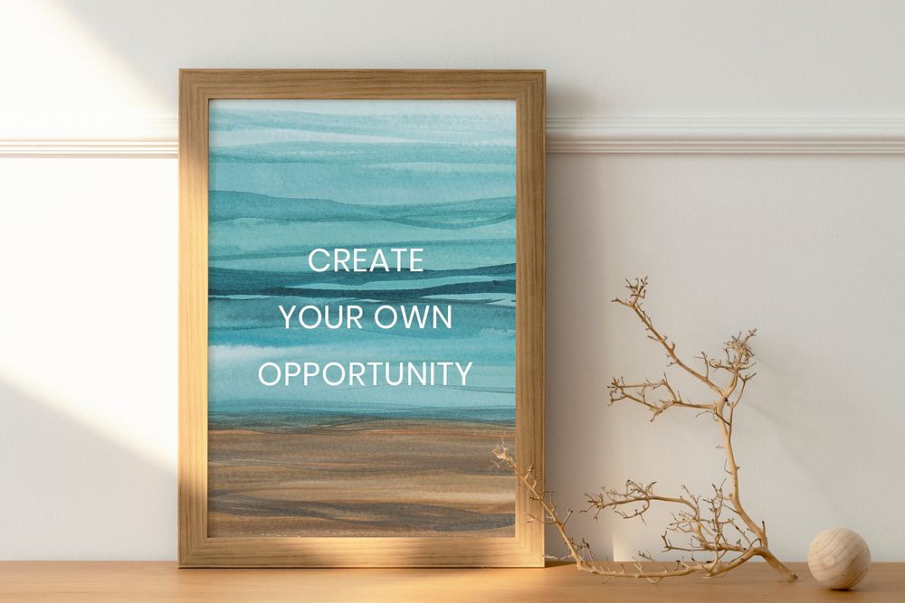 Wooden picture frame mockup psd with ombre watercolor painting interior design