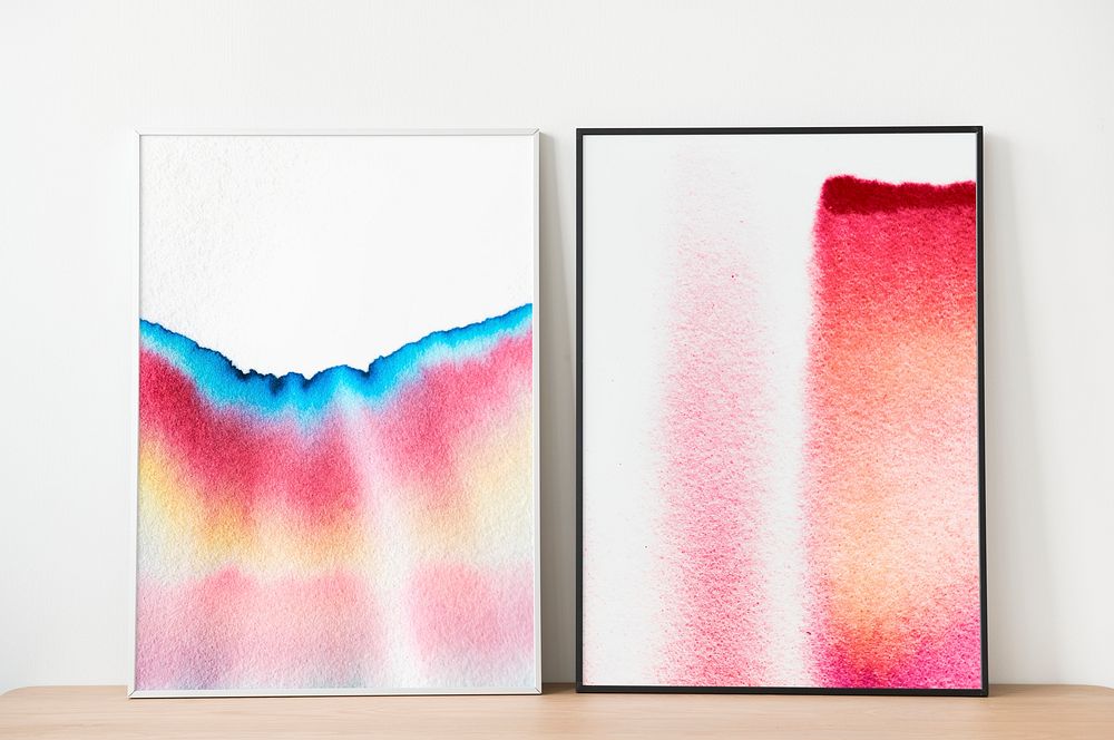 Picture frames mockup psd with chromatography art leaning against the wall