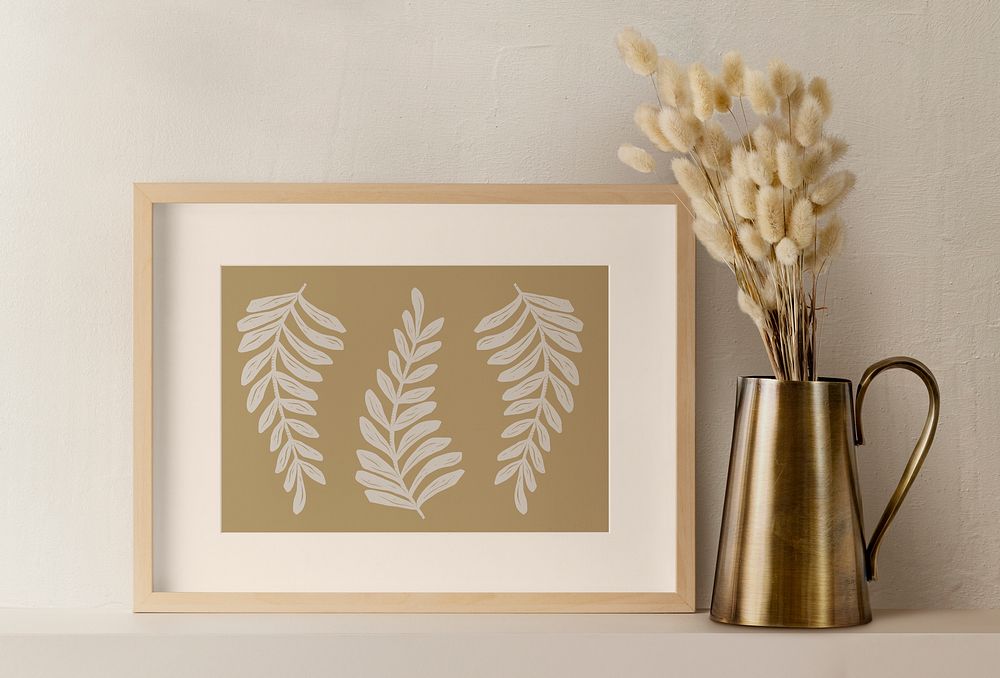Picture frame mockup psd, botanical artwork, gold flower vase