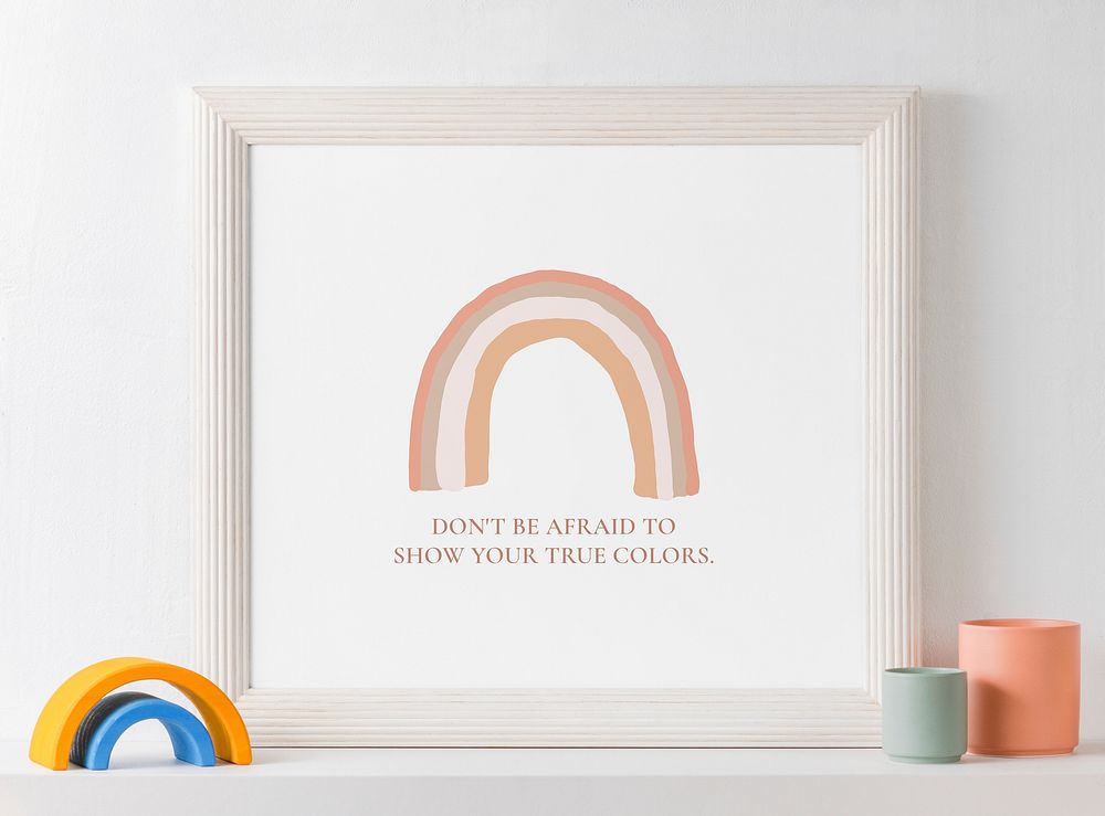 Picture frame mockup, kids playroom, psd motivational quote