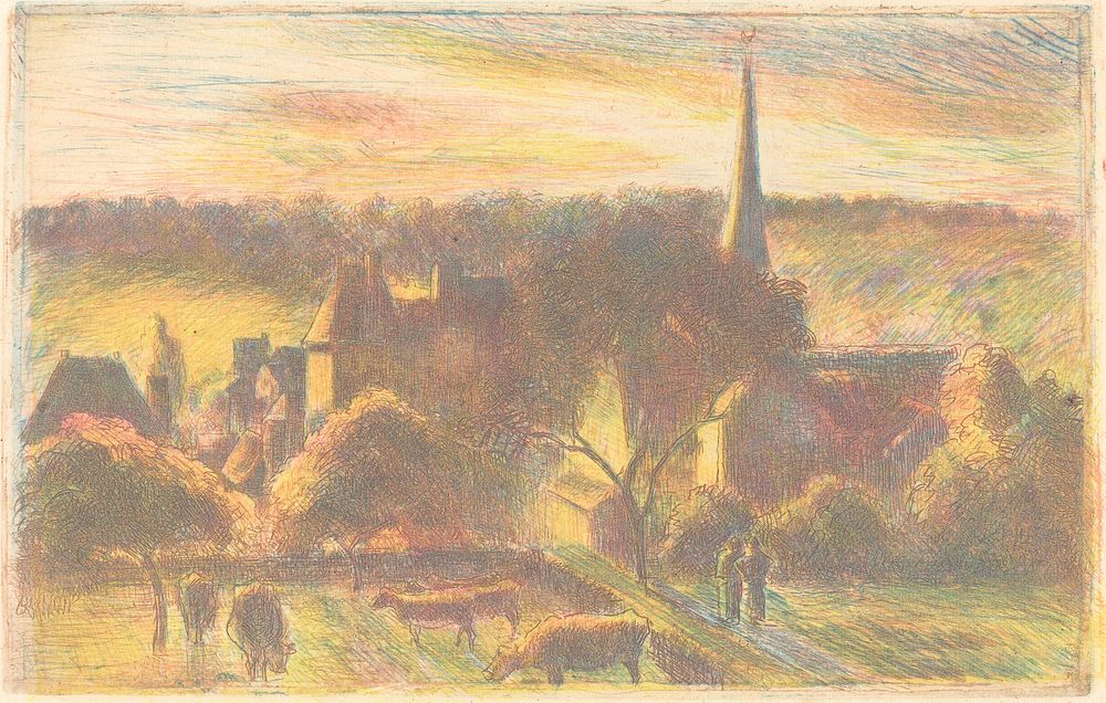 Eglise et ferme d'&Eacute;ragny (A Church and Farm at &Eacute;ragny) (1890) by Camille Pissarro.  
