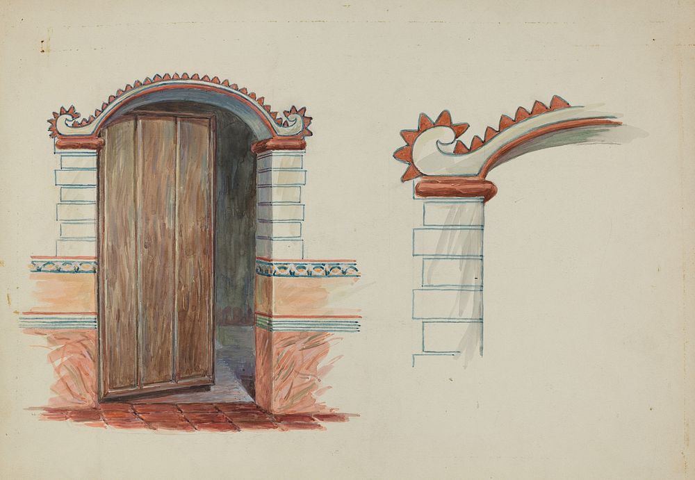 Restoration Drawing: Wall Decoration Over Doorway, Facade of Mission House (c. 1937) by Robert W.R. Taylor .