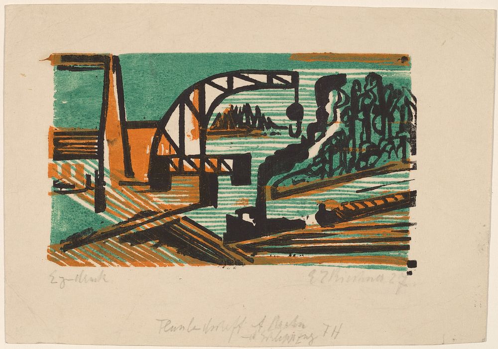 River Landscape with Crane and Barges (1927) print in high resolution by Ernst Ludwig Kirchner.  