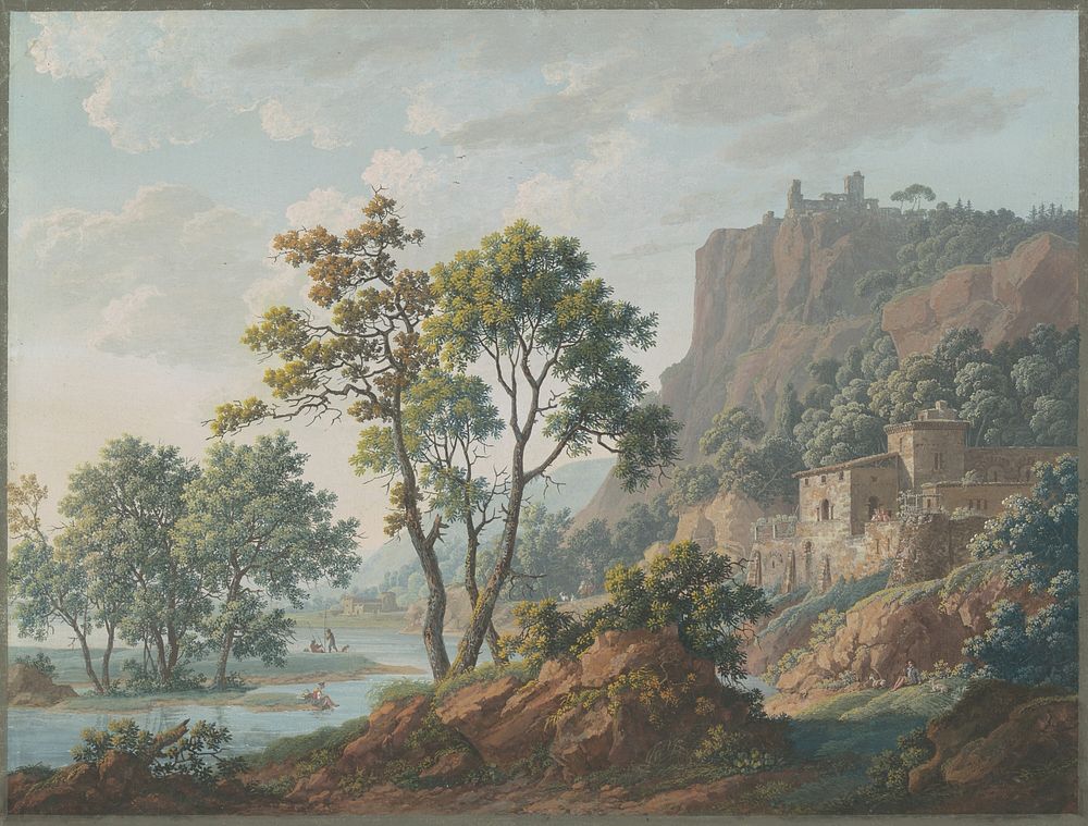 River Landscape with Castles and Fishermen (1817) by Baron Louis–AlbertGuillain Bacler d'Albe.  