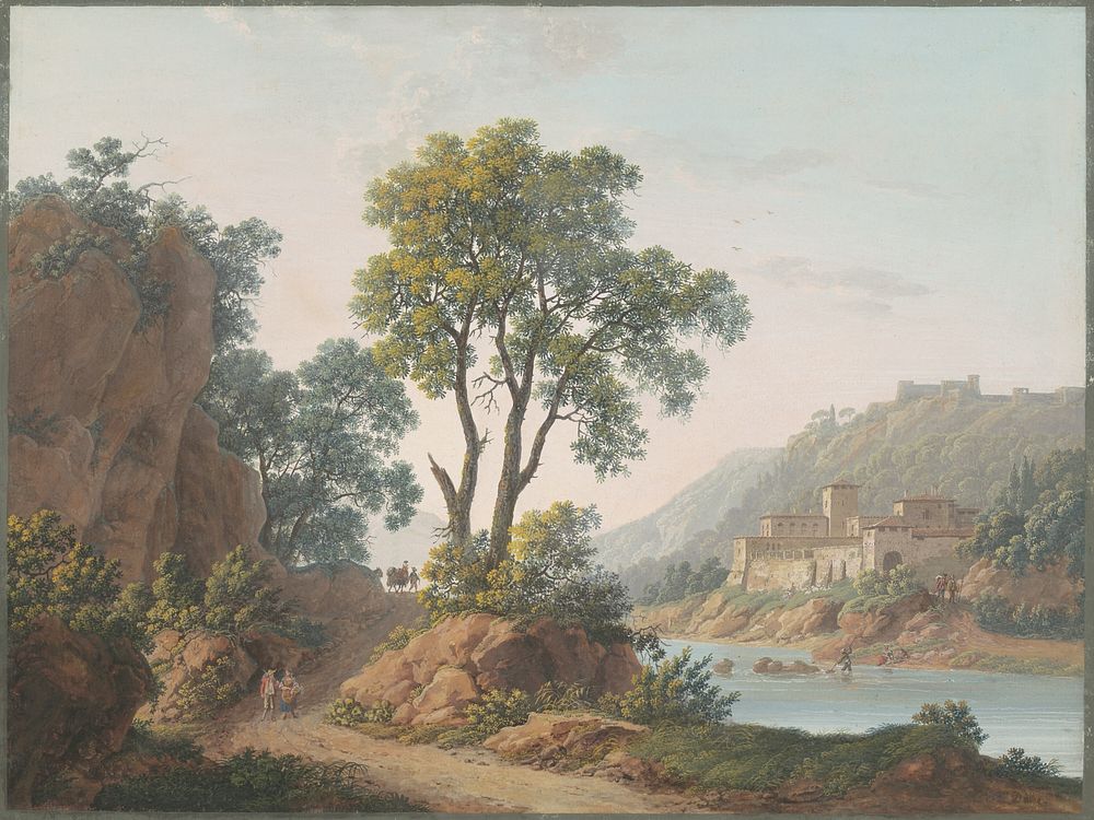 River Landscape with Castles and Travelers (1817) by Baron Louis&ndash;Albert&ndash;Guillain Bacler d'Albe.  