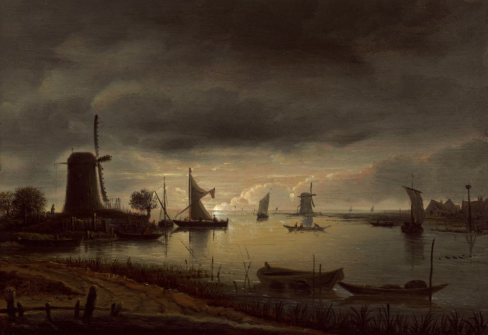 River Scene with Windmill and Boats, Evening (ca. 1645) by Anthonie van Borssom.  