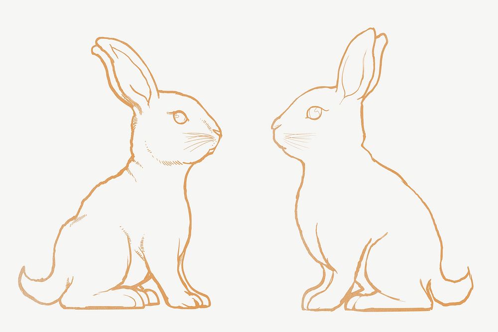 Gold rabbits, Easter celebration animal in line art design psd