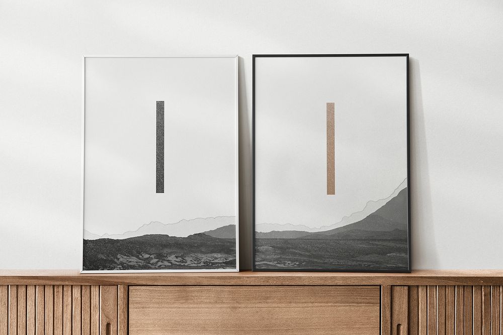 Frames mockup on wooden sideboard table psd