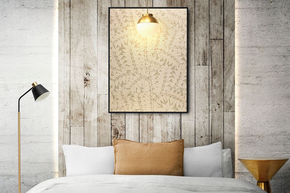 Picture frame mockup psd hanging in minimal bedroom home decor interior