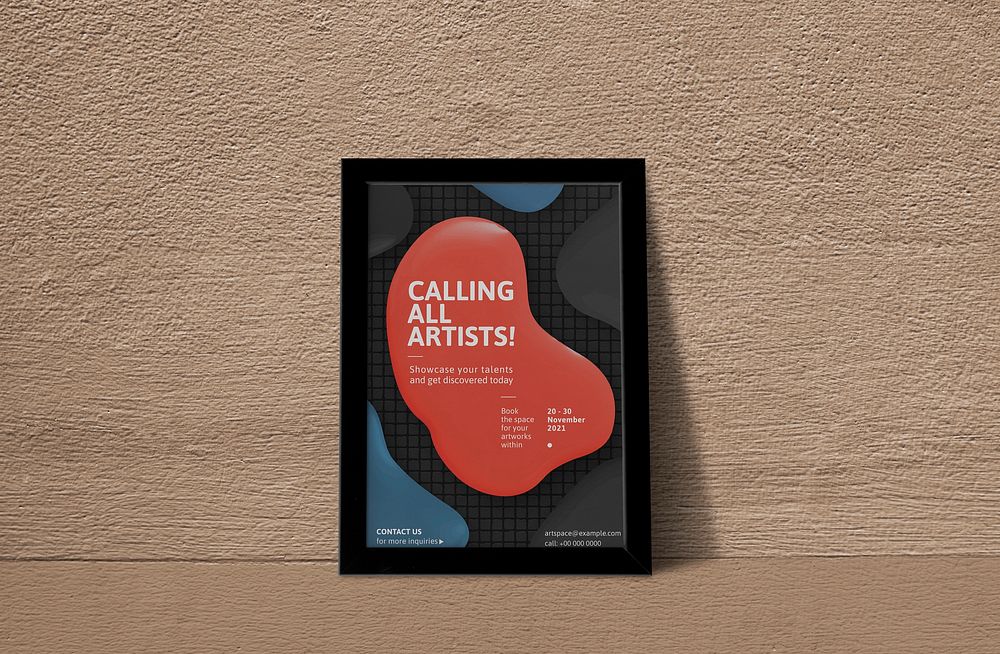 Black picture frame mockup psd with modern color paint drop art photo on the wall