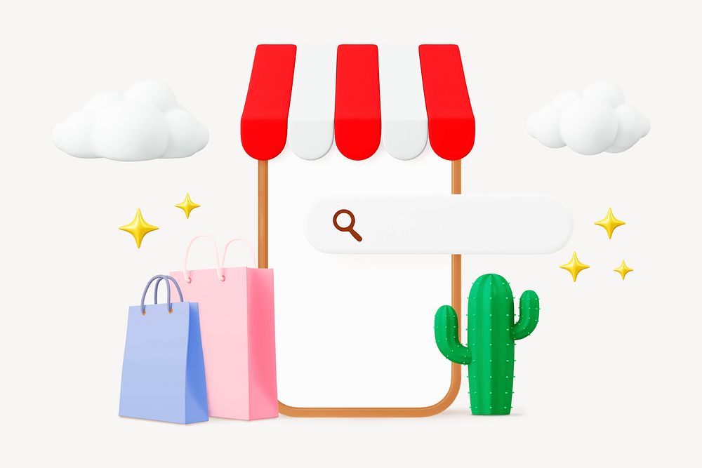 Online store smartphone, 3D shopping illustration