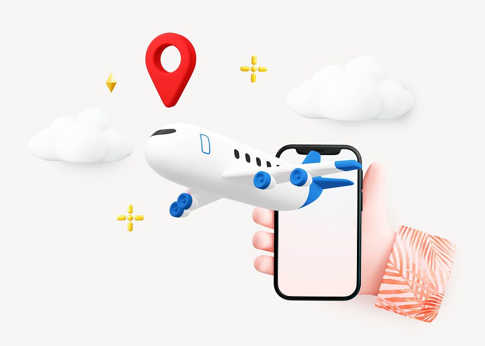 3D travel ad collage element, plane phone screen design psd
