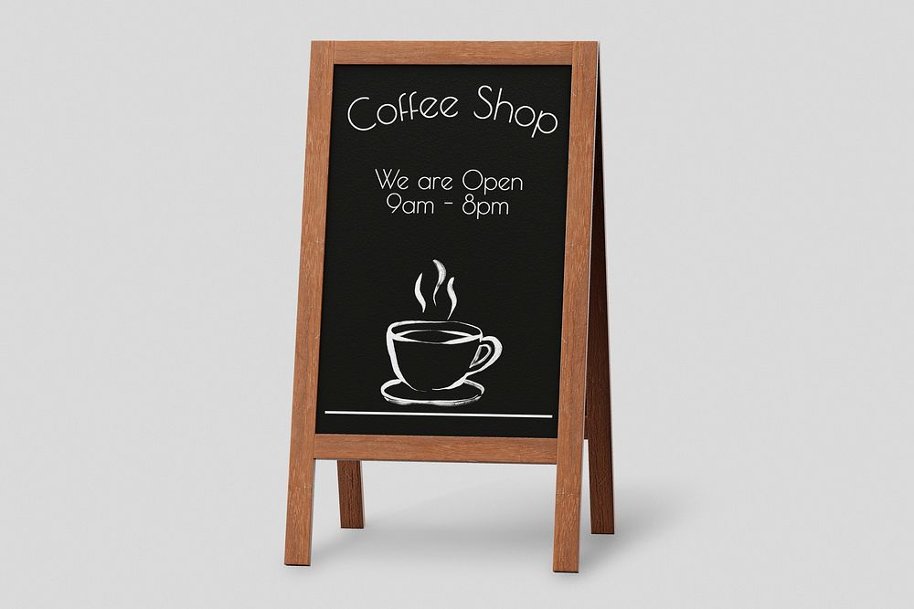 Foldable a-frame sign mockup, coffee shop logo psd