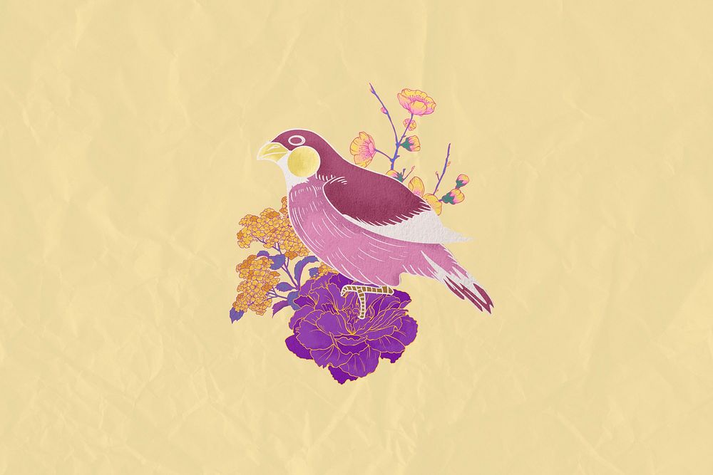 Purple vintage bird, beige paper texture background