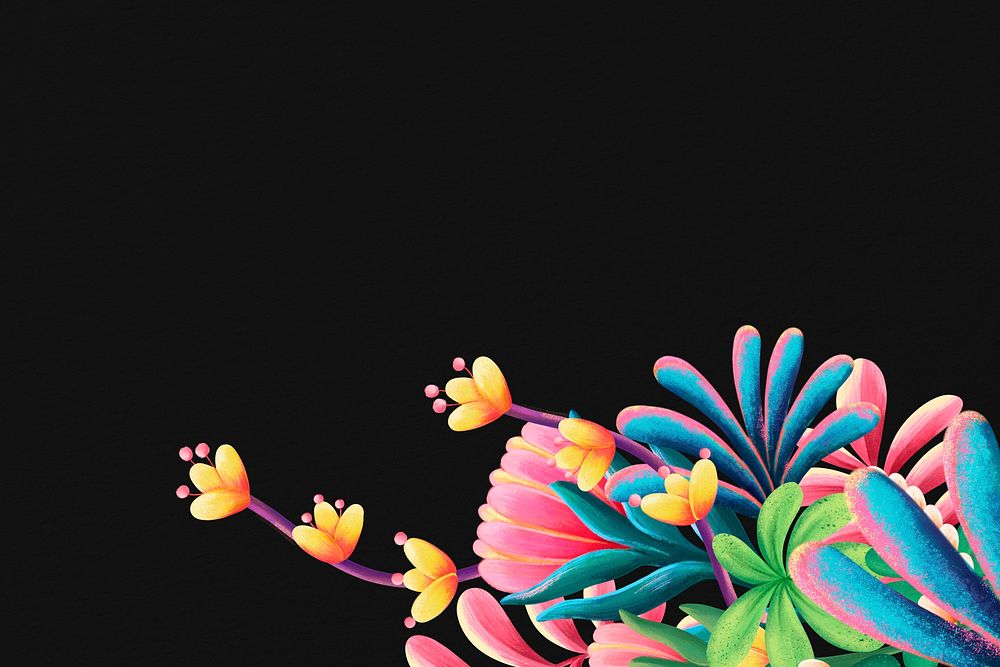 Colorful flowers background, black design, animal illustration