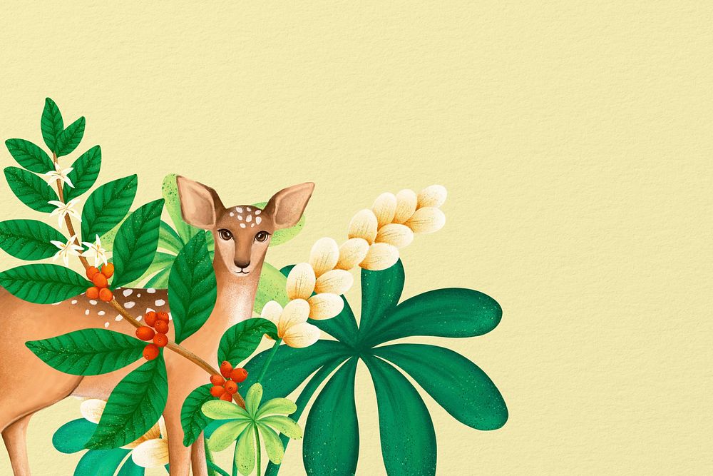 Cute deer background, yellow design, animal illustration
