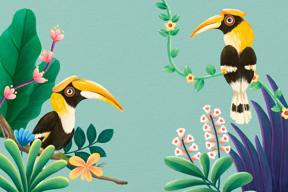 Hornbill birds background, green design, animal illustration