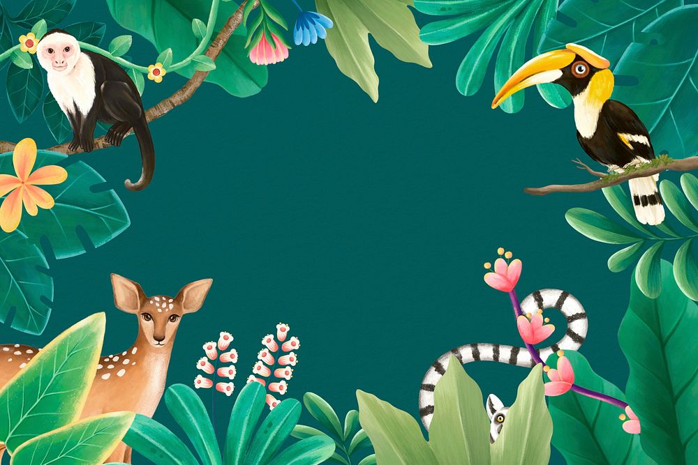 Tropical wildlife background, animal illustration