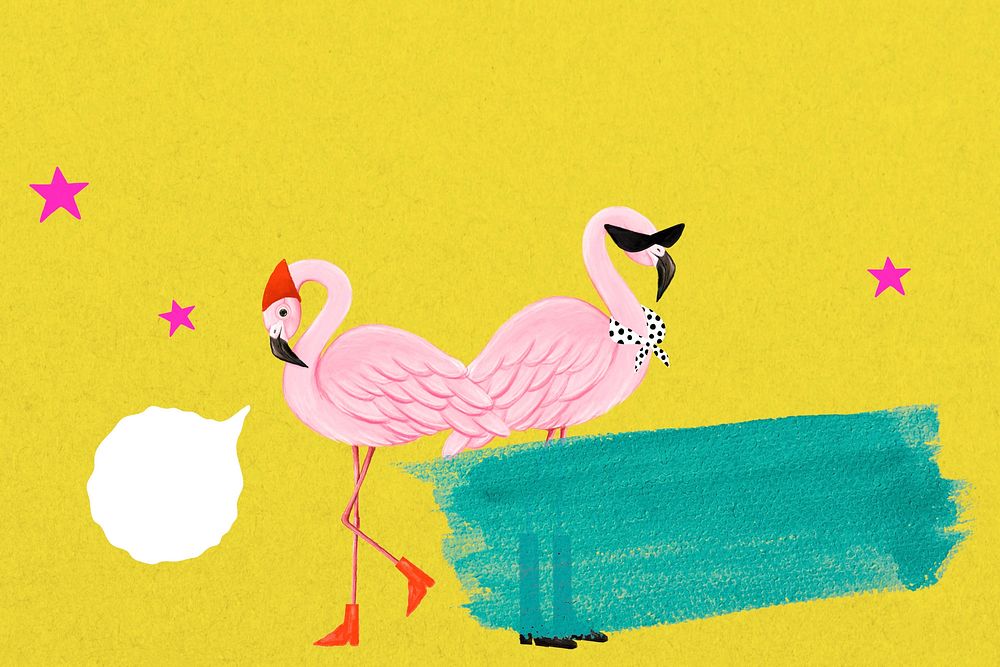Cute flamingoes background, yellow design, animal illustration