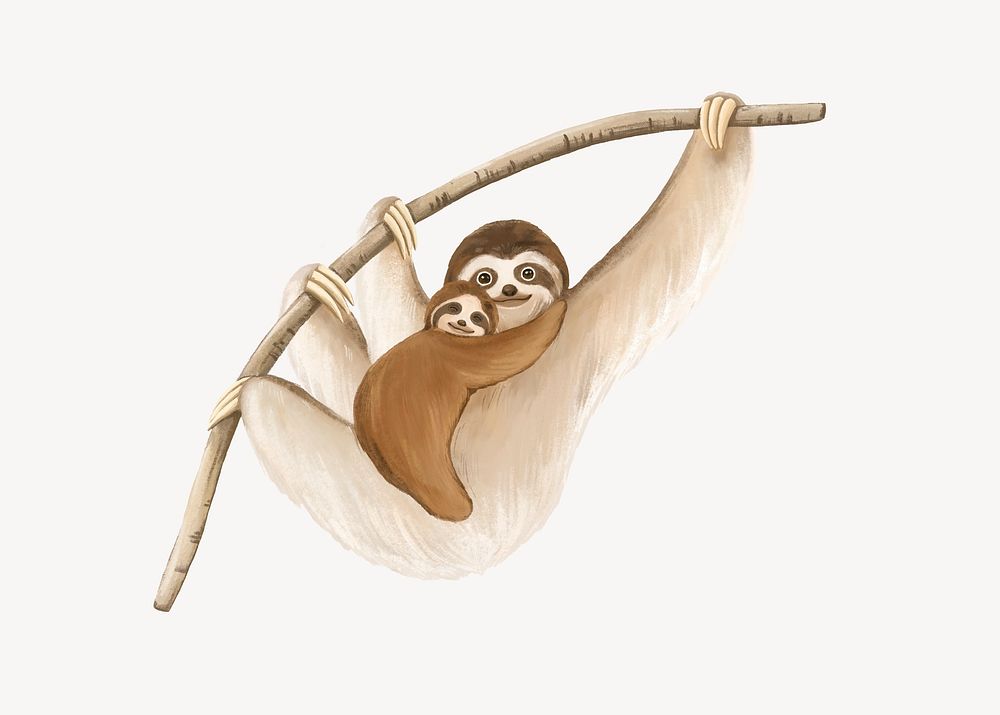 Sloths collage element, cute animal illustration psd