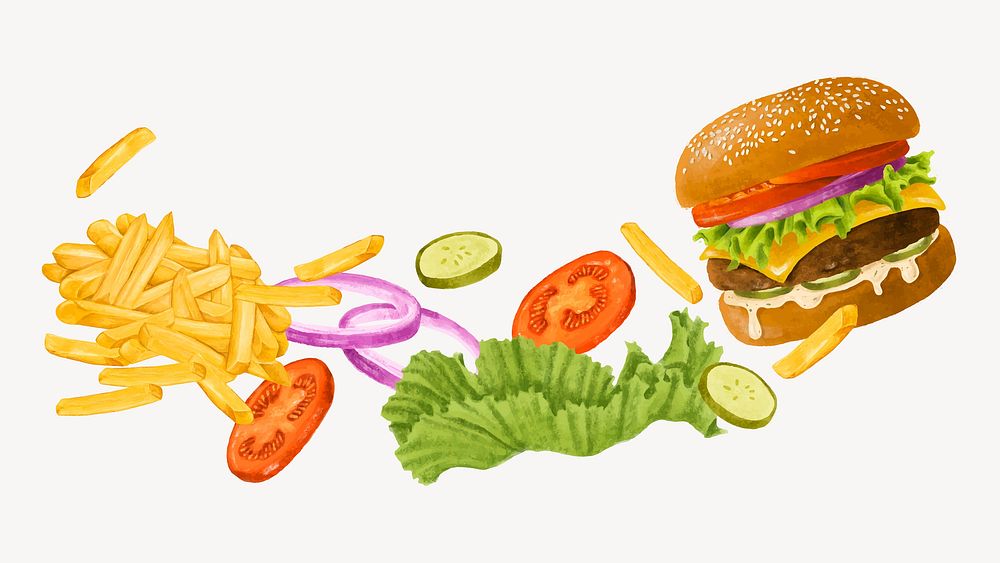 Cheeseburger and fries, fast food set vector