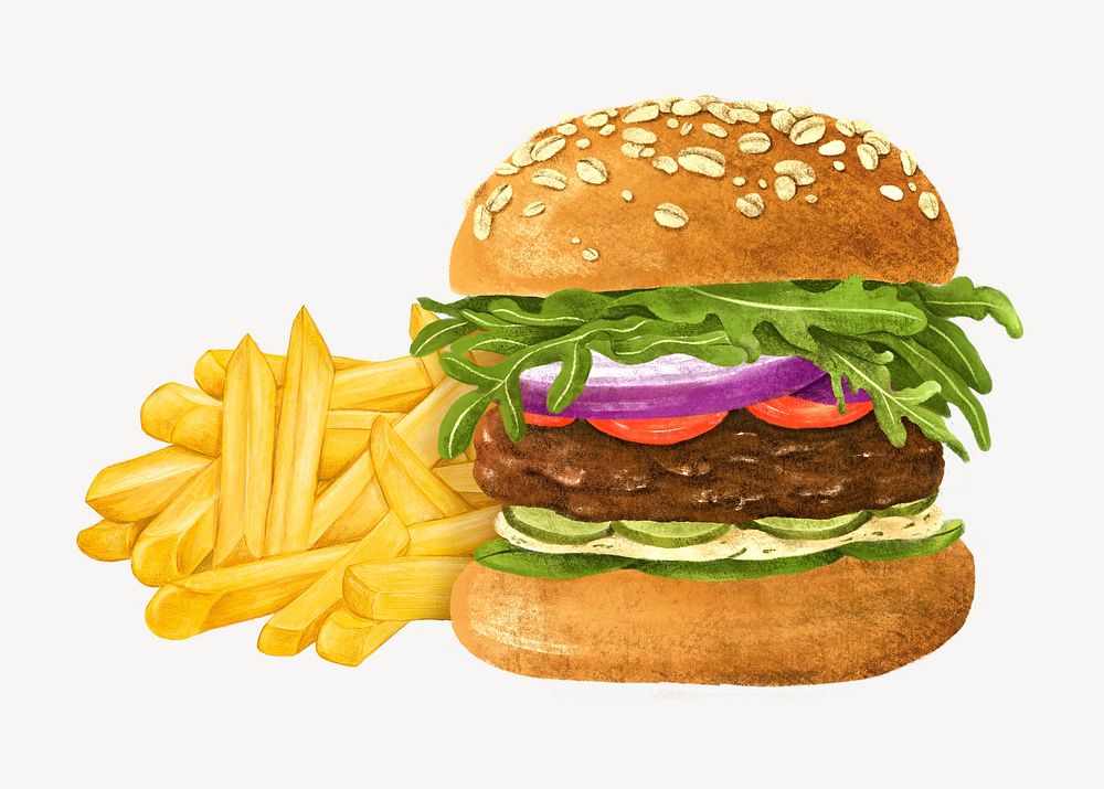 Hamburger and fries, fast food set