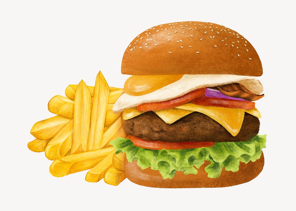 Cheeseburger and fries, fast food set psd