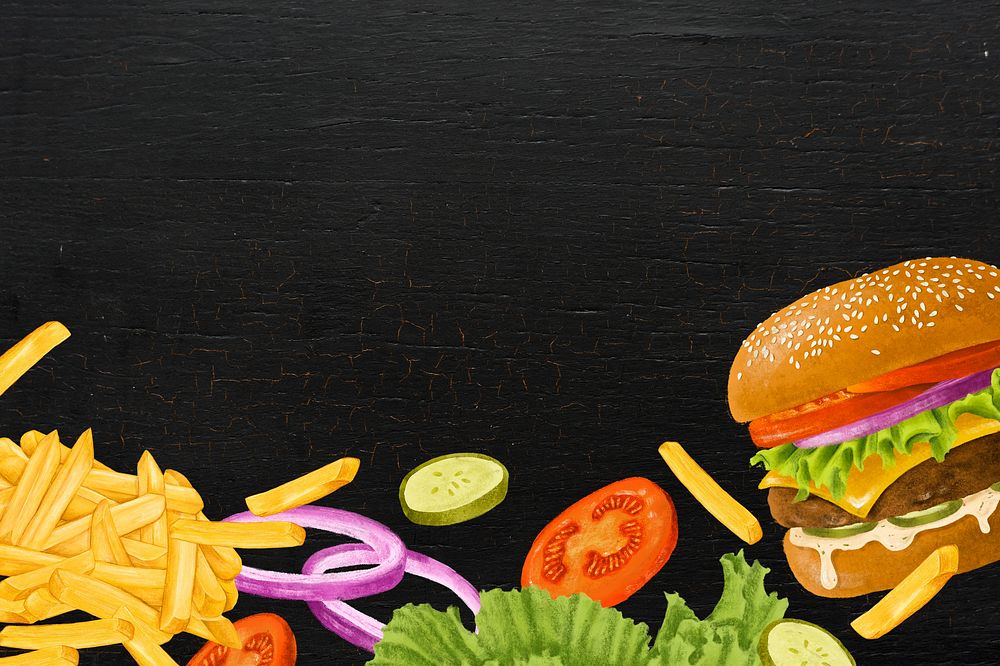 Black hamburger background, fast food illustration