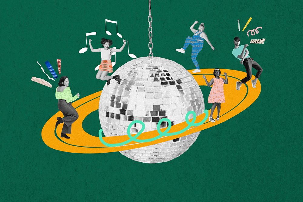 People dancing on disco ball, party mixed media