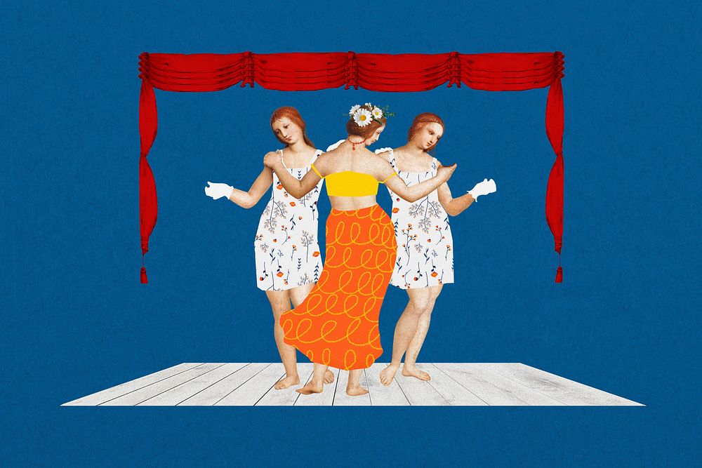Three Graces women dancing on stage, remixed from artworks by Raphael