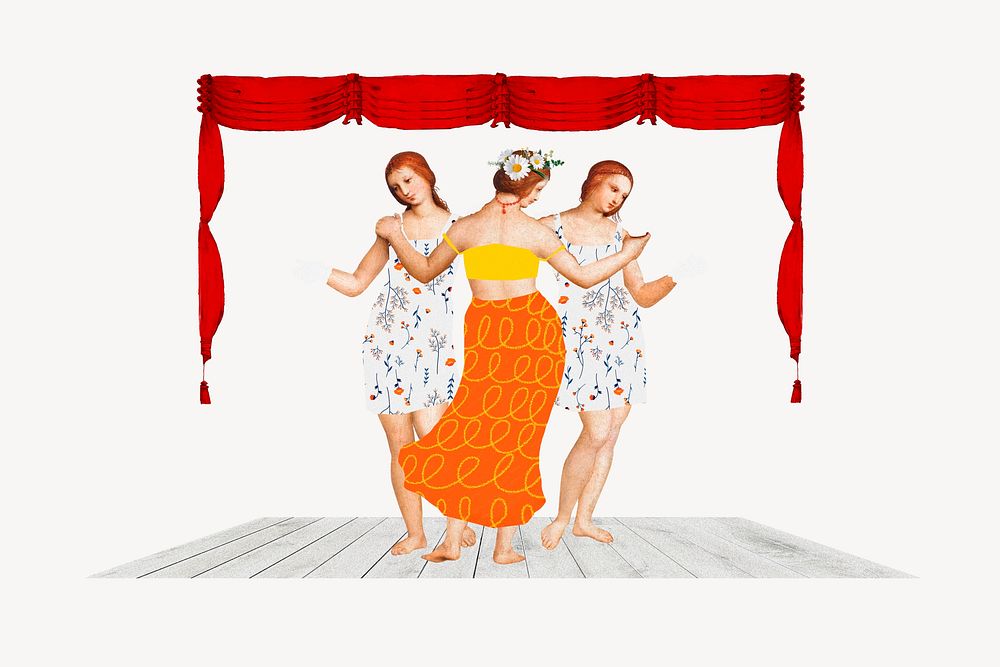 Three Graces women dancing on stage, remixed from artworks by Raphael