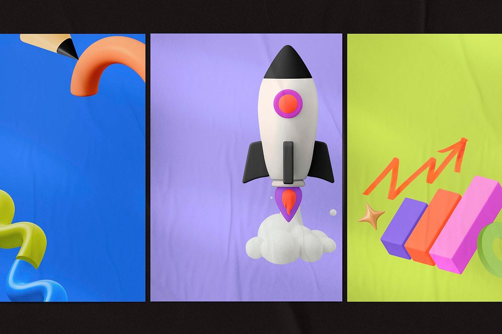 Business launching rocket poster, 3D illustrations