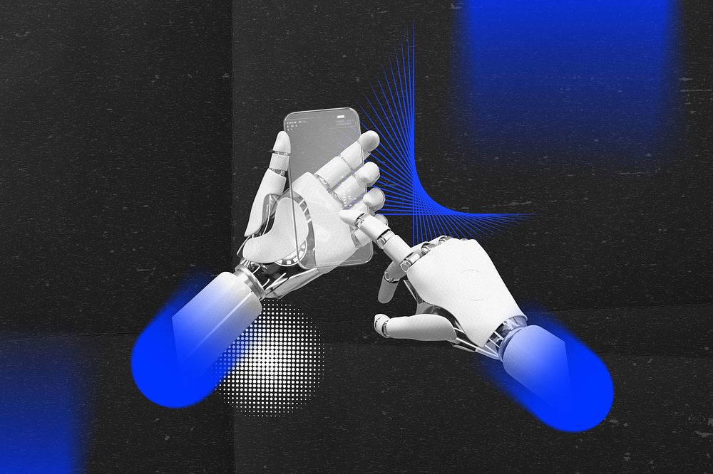 Futuristic technology, robot hands using phone remix