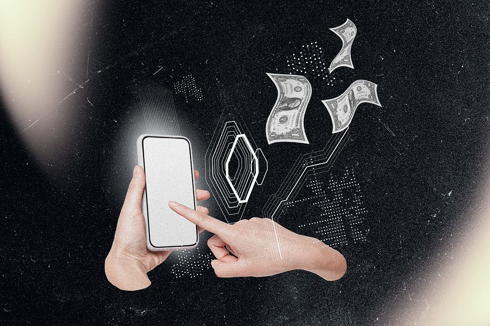 Online banking background, hand using smartphone remix