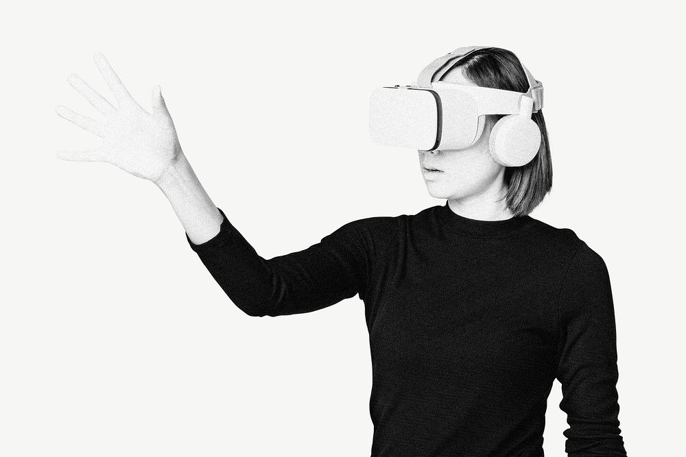 Woman wearing VR, entertainment technology psd