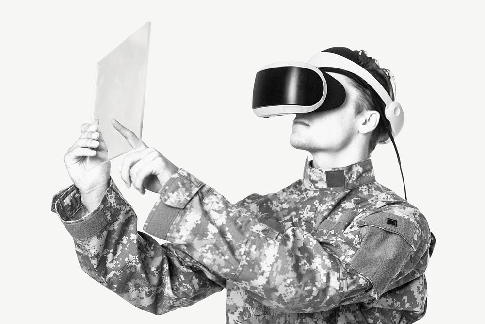 Military man wearing VR, technology psd