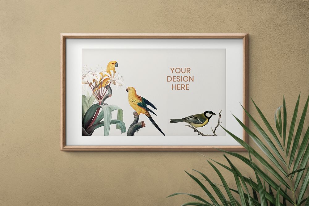 Wooden frame mockup on a yellow wall