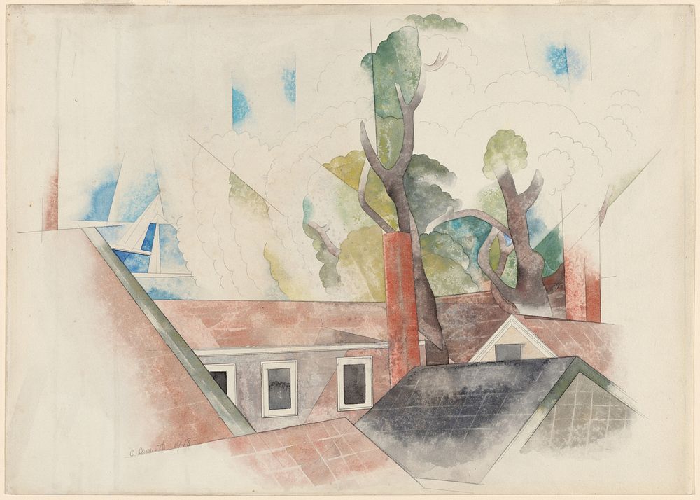Rooftops and Trees (1918) painting in high resolution by Charles Demuth.  