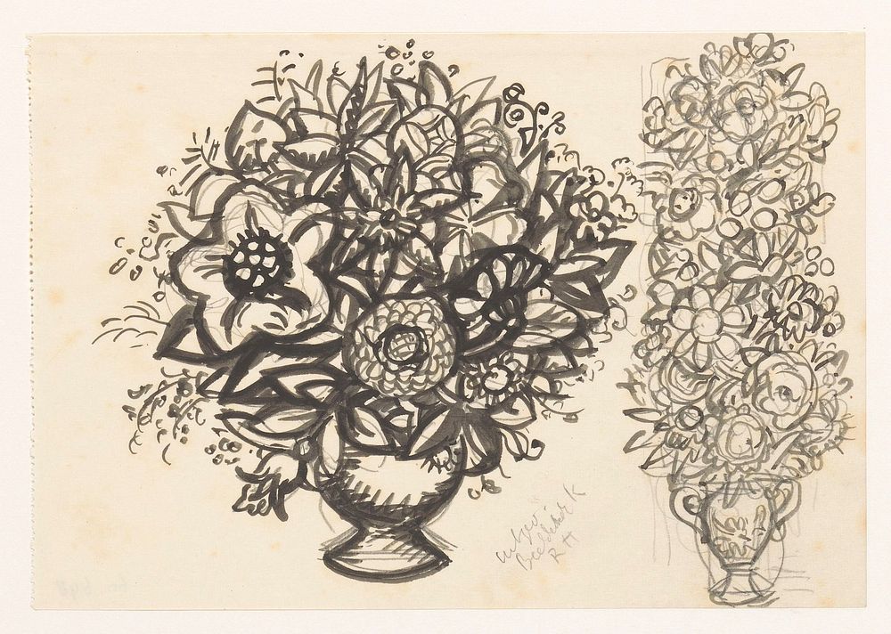 Twee studies van een vaas met bloemen (ca. 1891&ndash;1941) drawing in high resolution by Leo Gestel. 