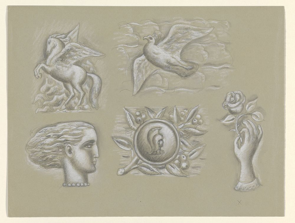 Pegasus, duif, vrouwenhoofd, wapen en hand met roos (ca. 1939&ndash;1941) drawing in high resolution by Leo Gestel. 