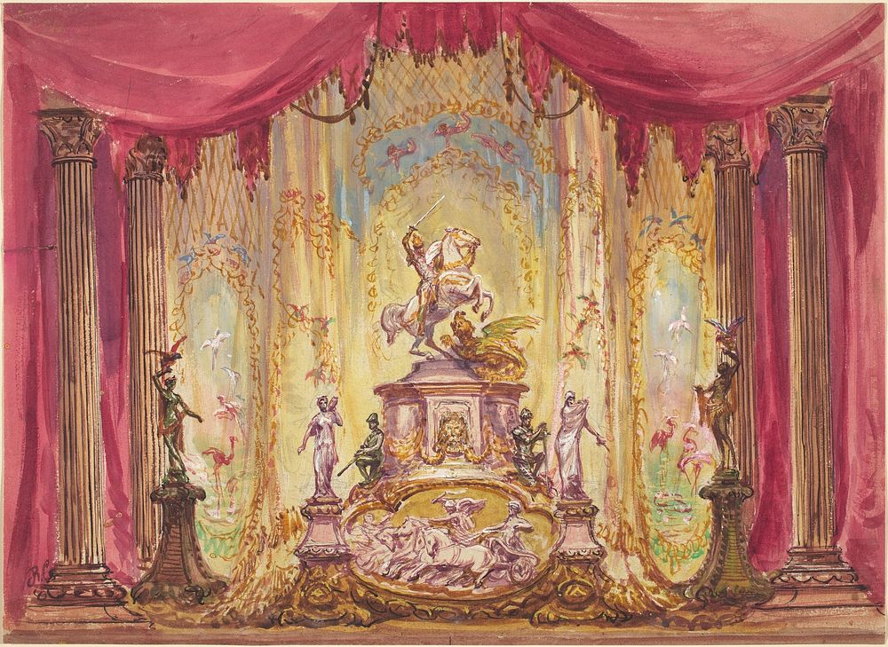 Stage Set with a Statue Of Saint George Slaying the Dragon by Robert Caney (1847&ndash;1911).  