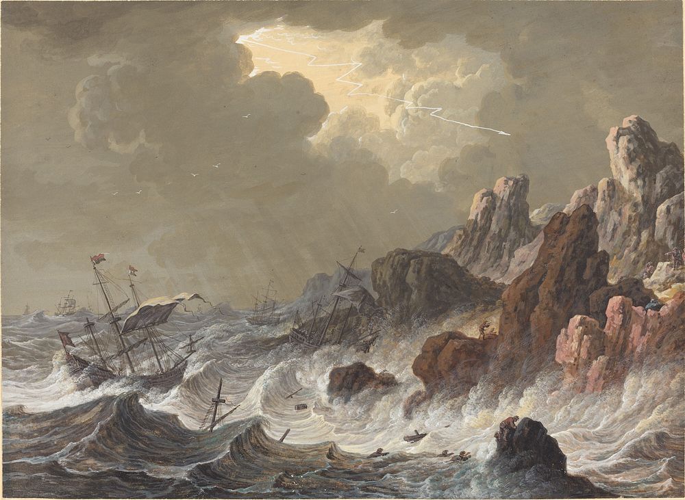 Storm&ndash;Tossed Ships Wrecked on a Rocky Coast by Johann Christoph Dietzsch (1710&ndash;1769).  