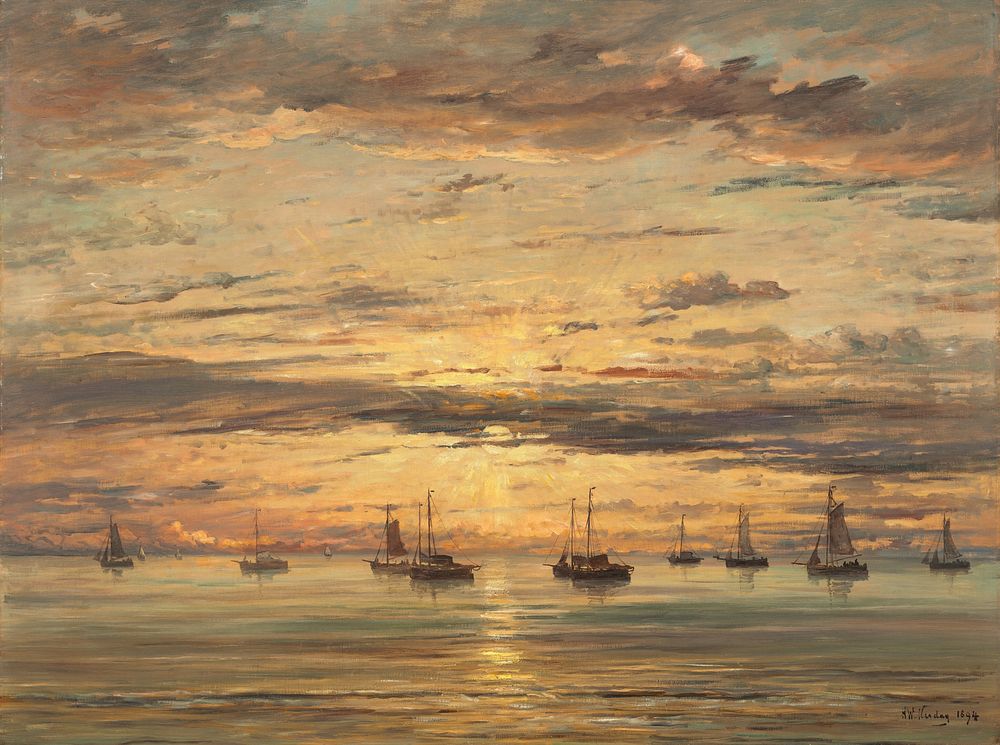Sunset at Scheveningen: A Fleet of Fishing Vessels at Anchor (1894) by Hendrik Willem Mesdag.  