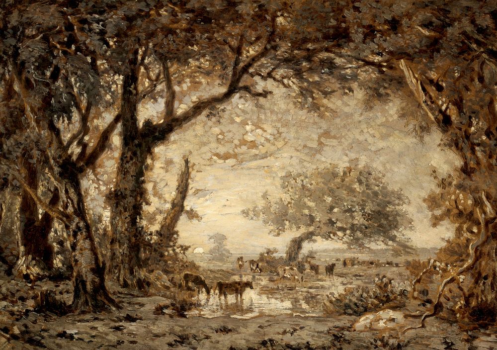 Sunset from the Forest of Fontainebleau (1848) painting in high resolution by Th&eacute;odore Rousseau. 
