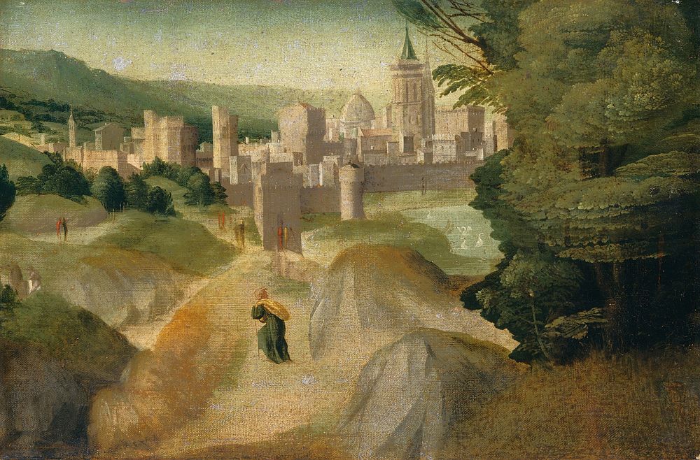 Scenes from a Legend, probably (ca. 1515–1520) by Giovanni Larciani (Master of the Kress Landscapes).  