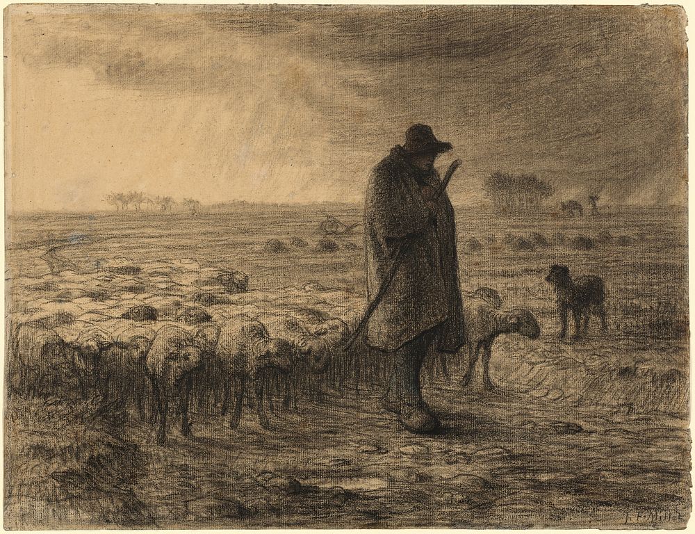 Shepherd Returning with His Flock (ca. 1860) drawing in high resolution by Jean&ndash;Fran&ccedil;ois Millet.  