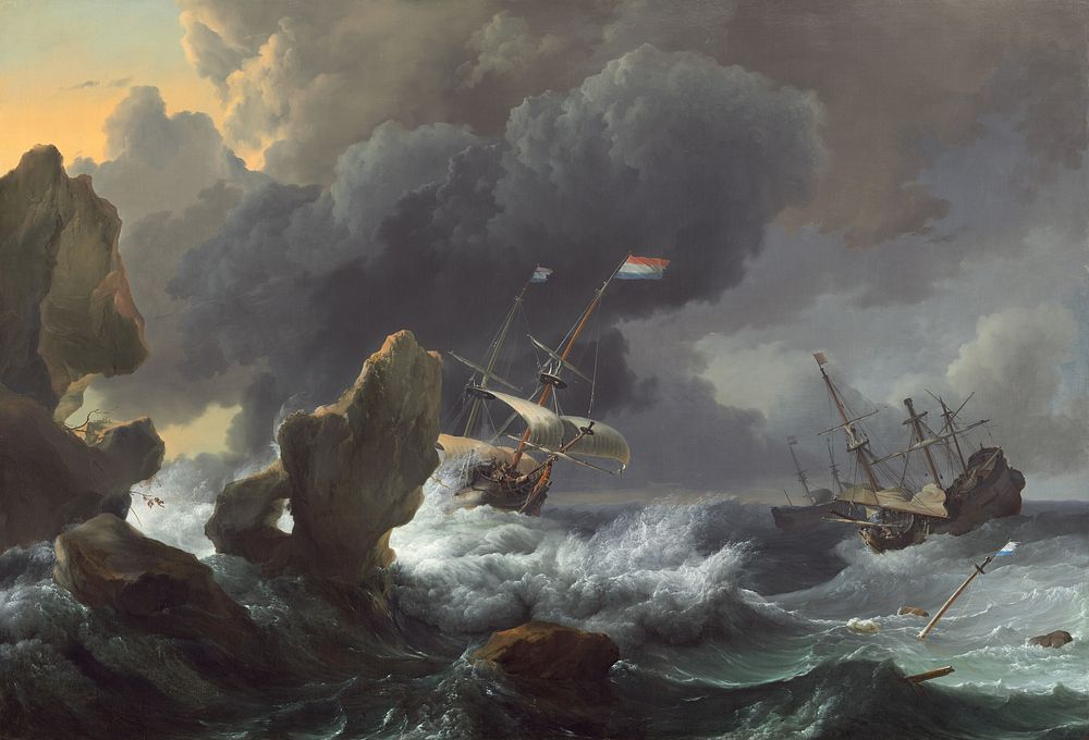 Ships in Distress off a Rocky Coast (1667) by Ludolf Backhuysen.  