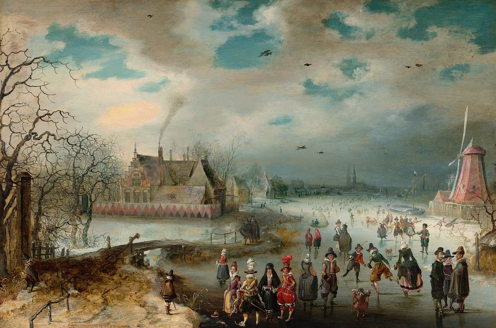 Skating on the Frozen Amstel River (1611) by Adam van Breen.  