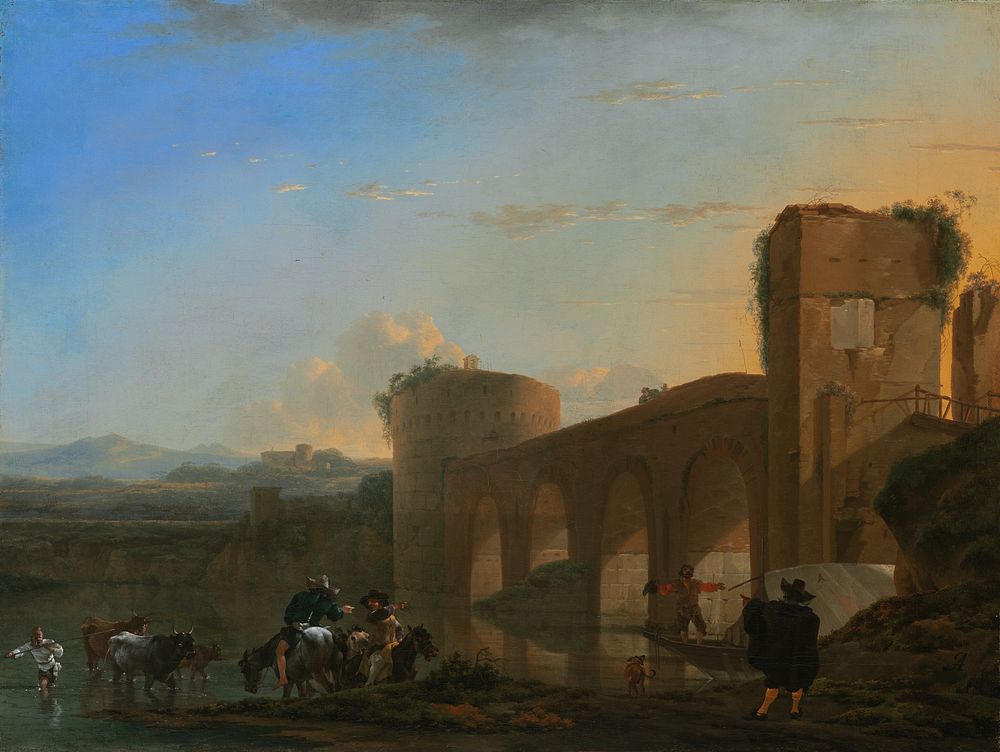 The Tiber River with the Ponte Molle at Sunset (ca. 1650) by Jan Asselijn.  