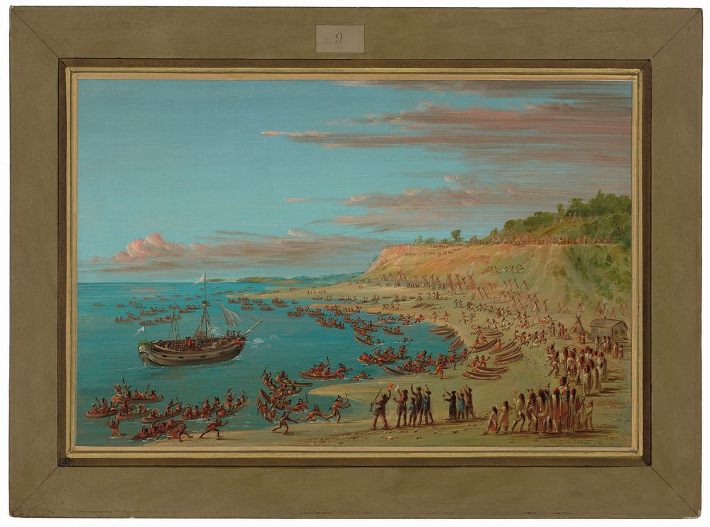 The Griffin Entering the Harbor at Mackinaw. August 27, 1679 (1847-1848) painting in high resolution by George Catlin.  